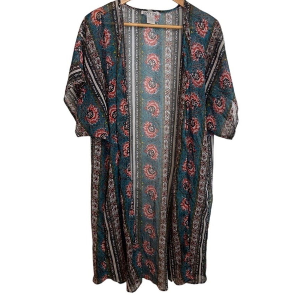 Dizzy Gal Boho‎ Floral Sheer Kimono Duster Small Open Front Festival Layering